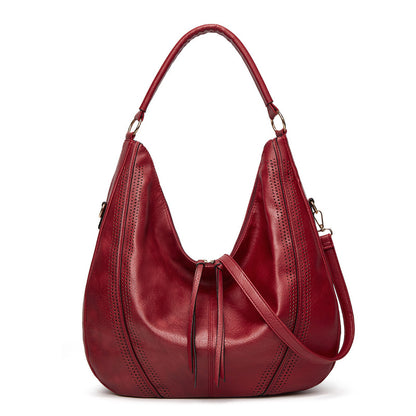 Retro large tote shoulder bag in deep red leather with spacious design and adjustable strap