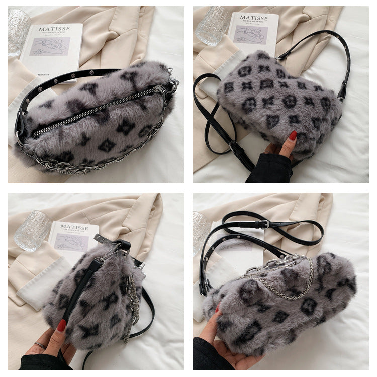 Stylish winter plush floral shoulder bag with leopard print and chain strap for a chic look