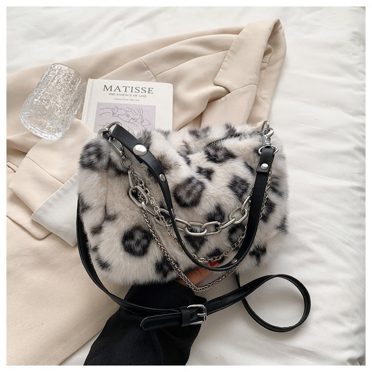 Box of Pandora winter plush floral shoulder bag with chic leopard pattern and detailed chain strap