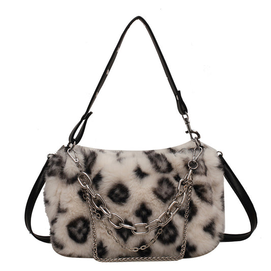 Box of Pandora winter plush floral shoulder bag in leopard print with stylish chain details