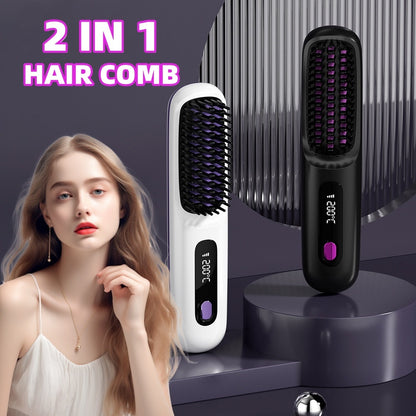 2 in 1 hair comb wireless hair straightener brush in black and white with temperature display