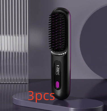 Black 2 in 1 wireless hair straightener brush with digital display and purple accents