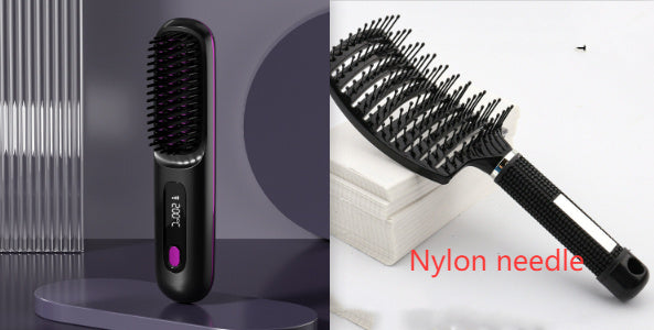 Hangzhou Jingqian 2 in 1 wireless hair straightener brush with nylon needle bristles for easy styling