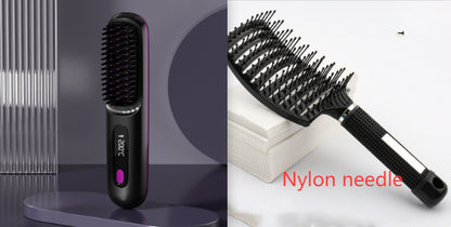 Hangzhou Jingqian 2 in 1 wireless hair straightener brush with nylon needle bristles for easy styling