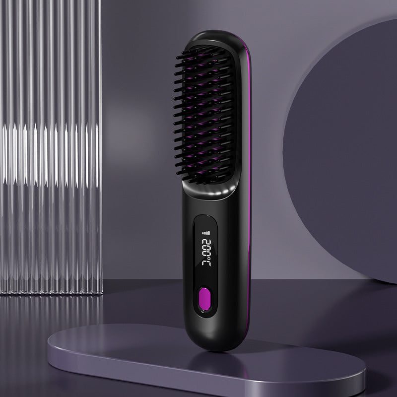 Black and purple wireless hair straightener brush with digital display and bristle comb by Hangzhou Jingqian