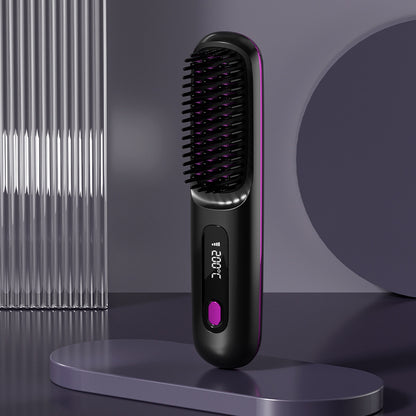 Black and purple wireless hair straightener brush with digital display and bristle comb by Hangzhou Jingqian