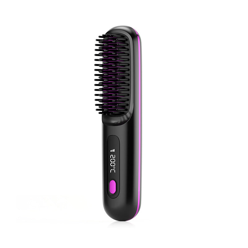 Black and purple wireless hair straightener brush with digital temperature display and bristle design