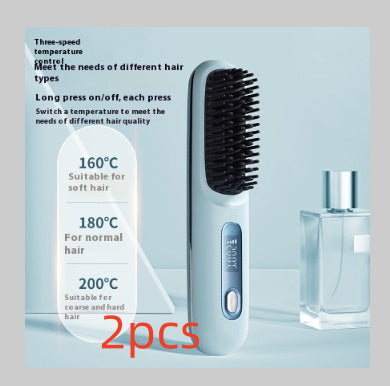 Wireless hair straightener brush with three-speed temperature control and soft grip handle