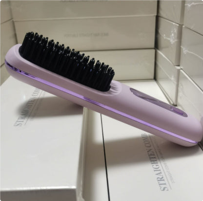Hangzhou Jingqian 2 in 1 wireless hair straightener brush in pink with black bristles
