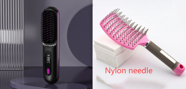 Hangzhou Jingqian 2 in 1 wireless hair straightener brush in black and pink nylon needle comb