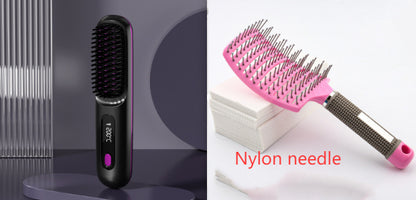Hangzhou Jingqian 2 in 1 wireless hair straightener brush in black and pink nylon needle comb