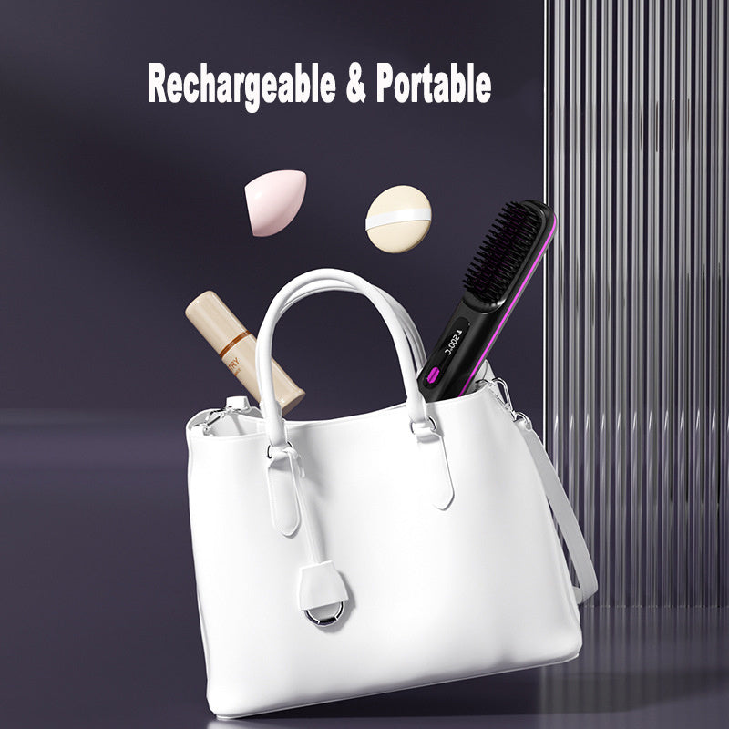Wireless hair straightener brush by Hangzhou Jingqian shown inside a white handbag with makeup items