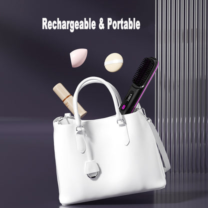 Wireless hair straightener brush by Hangzhou Jingqian shown inside a white handbag with makeup items