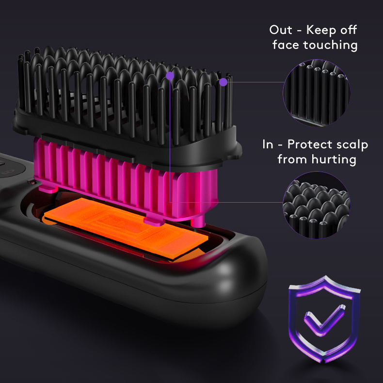 2 in 1 wireless hair straightener brush by Hangzhou Jingqian with scalp protection and face safety features