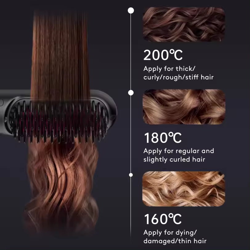 Black wireless hair straightener brush smoothing different hair types with temperature settings for thick, regular, and damaged hair