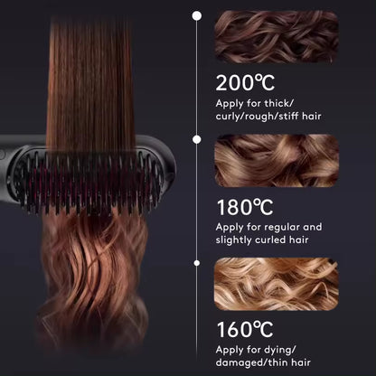 Black wireless hair straightener brush smoothing different hair types with temperature settings for thick, regular, and damaged hair