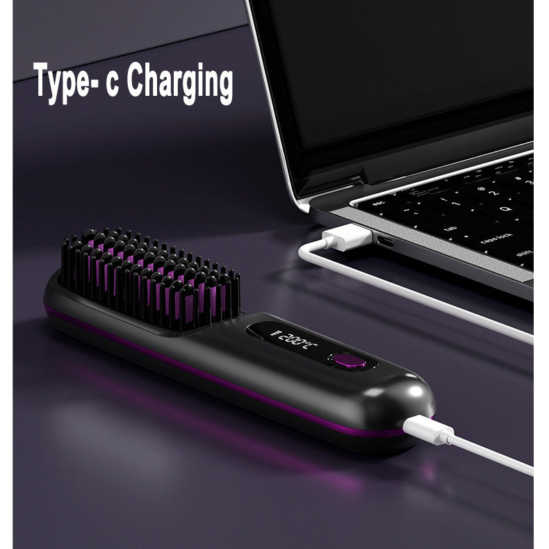 Hangzhou Jingqian 2 In 1 straight hair comb wireless hair straightener brush with Type-C charging connected to laptop