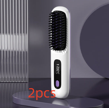 Hangzhou Jingqian 2 In 1 Straight Hair Comb wireless hair straightener brush in white with digital display