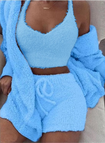 Blue 3 piece cozy loungewear outfit with crop tank top shorts and cardigan by Hangzhou Jingqian