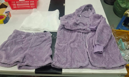 3 piece cozy loungewear outfit with lavender fuzzy hooded jacket, matching shorts, and white crop tank top