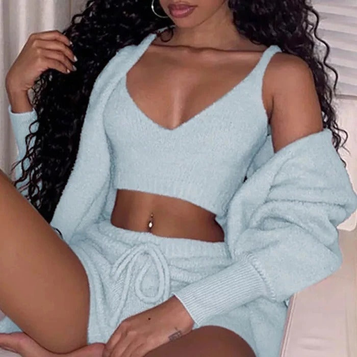 Light blue crop tank top shorts pajama set by Hangzhou Jingqian 3 piece cozy loungewear outfit