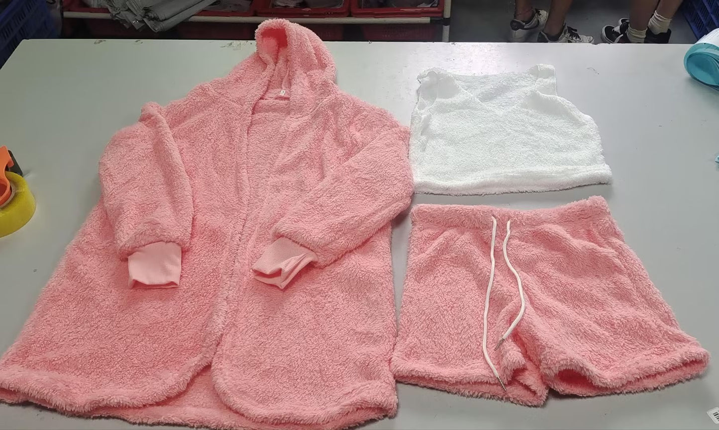 3 piece cozy loungewear outfit with pink fuzzy hooded cardigan shorts and white crop tank top