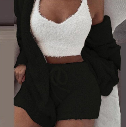3 piece cozy loungewear outfit with white fuzzy crop tank top and black shorts and cardigan set