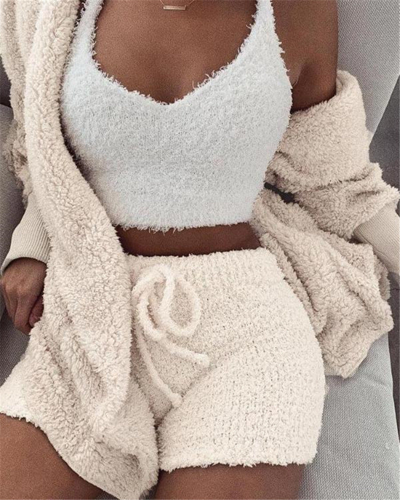 Hangzhou Jingqian 3 piece cozy loungewear outfit with crop tank top shorts and soft cardigan
