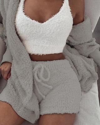 3 piece cozy loungewear outfit featuring a white crop tank top, gray shorts, and matching cozy cardigan