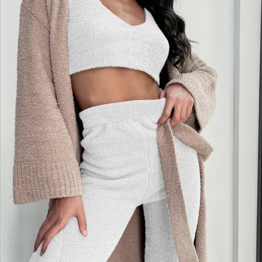White crop tank top and shorts pajama set with beige cardigan for 3 piece cozy loungewear outfit