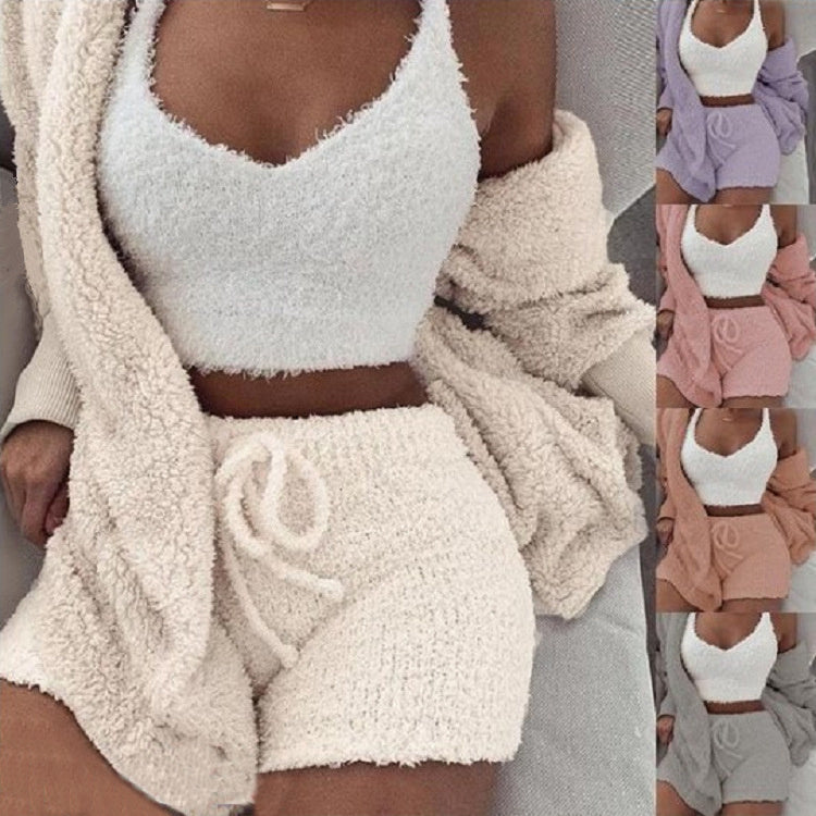 3 piece cozy loungewear outfit featuring crop tank top shorts pajama set in soft textured fabric