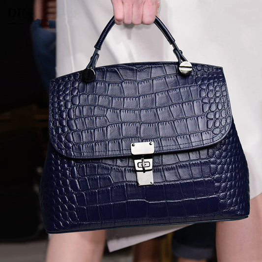 Yiwu Renfan women's genuine leather handbag in dark blue crocodile texture with top handle and silver clasp