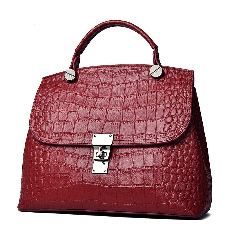 Yiwu Renfan women's genuine leather handbag in deep red with crocodile texture and silver clasp