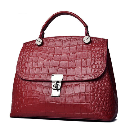 Yiwu Renfan women's genuine leather handbag in deep red with crocodile texture and silver clasp