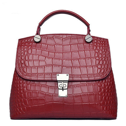 Yiwu Renfan women's genuine leather handbag in red croc-embossed design with top handle and silver clasp